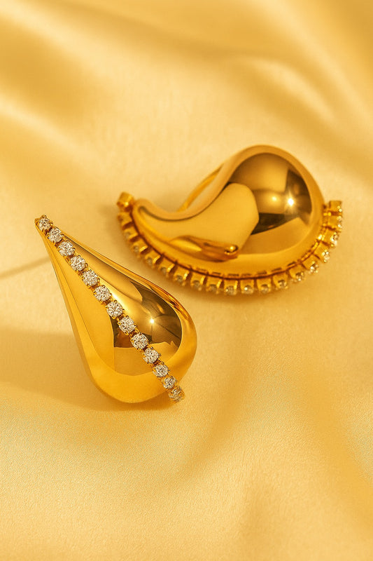Paisley Drop Gold Earrings with Crystal Accents – Elegant Statement Design