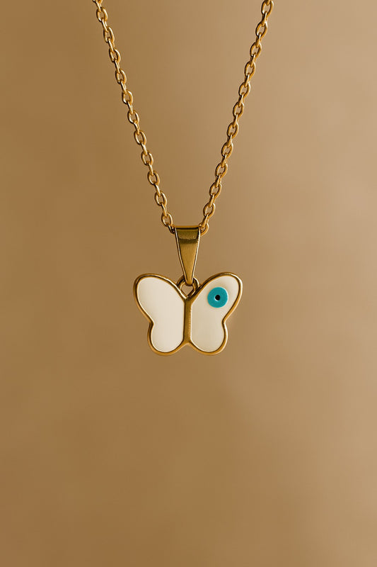 Enamel Butterfly Pendant Necklace with Evil Eye Detail