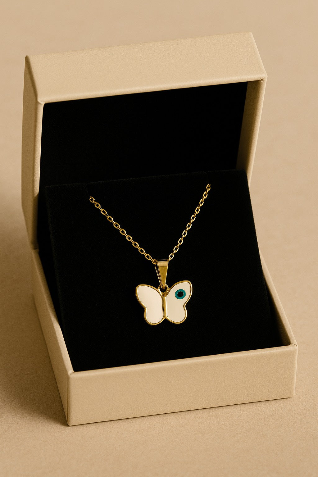Enamel Butterfly Pendant Necklace with Evil Eye Detail