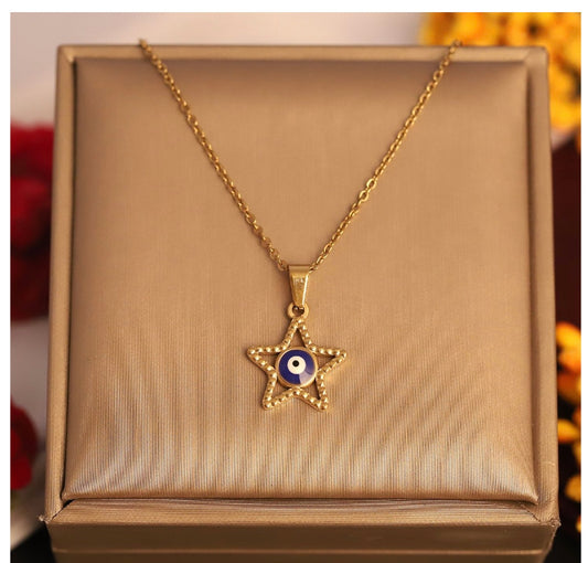 Gold Star Pendant Necklace with Evil Eye Charm