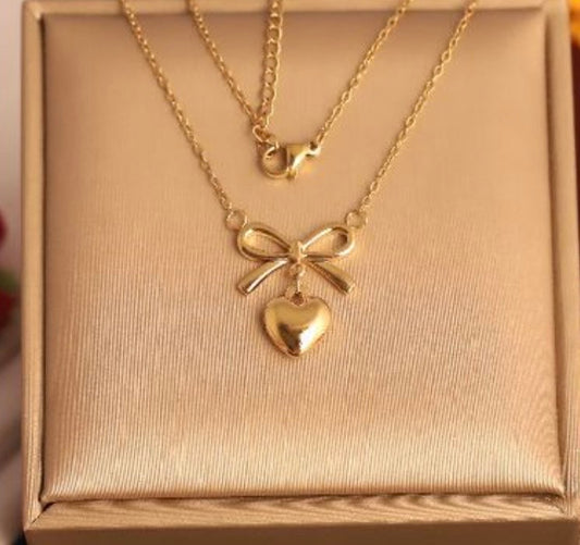 Gold Double-Layered Heart & Bow Necklace
