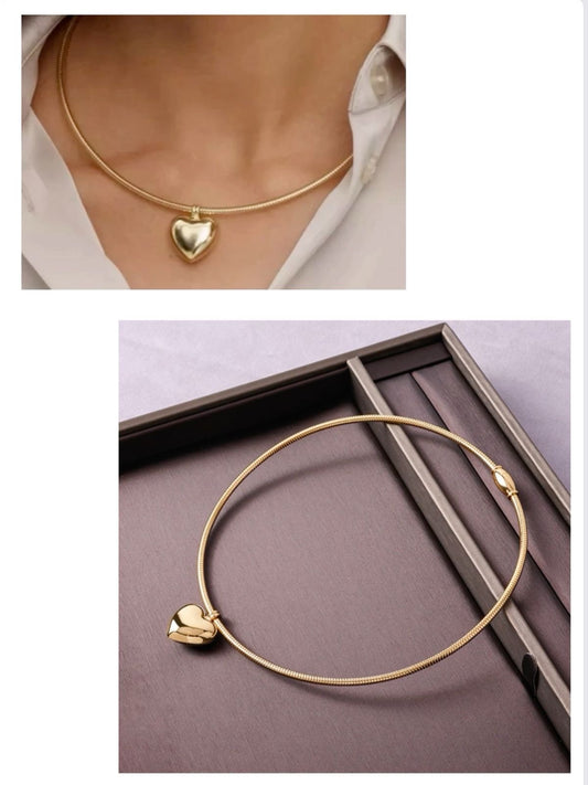 Golden Heart Charm Snake Chain Choker Necklace