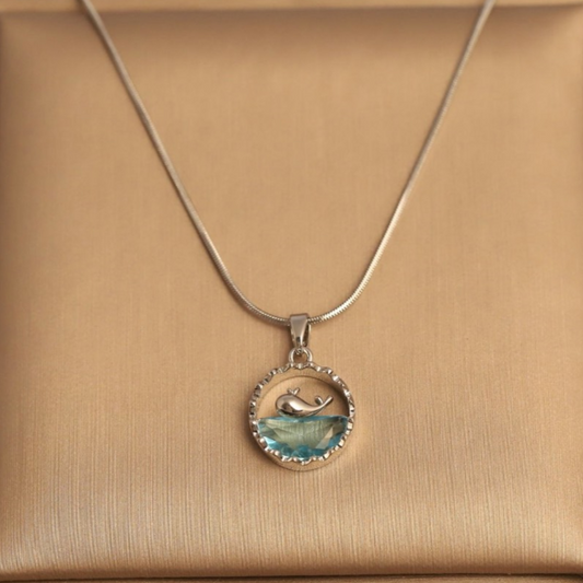 Silver Whale & Ocean Wave Pendant Necklace