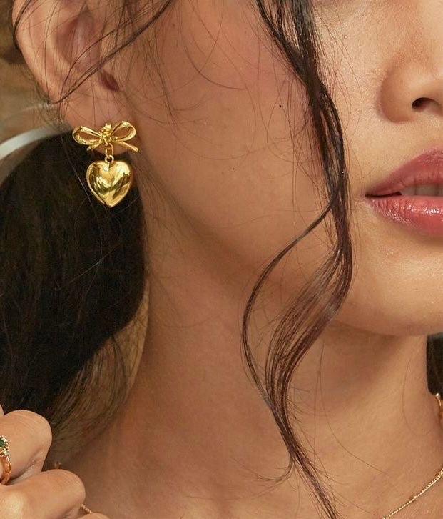 old Bow & Heart Drop Earrings – Cute Romantic Charm