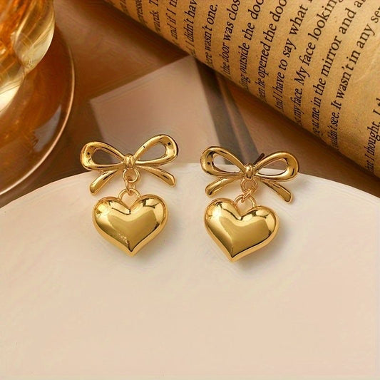 old Bow & Heart Drop Earrings – Cute Romantic Charm