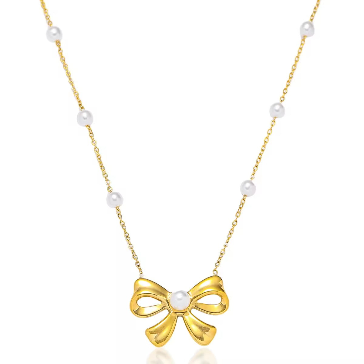Gold Bow Necklace with Pearl Accents
