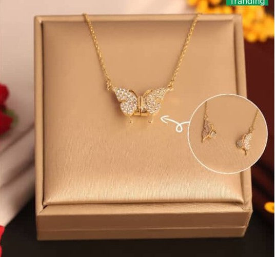 Magnetic Butterfly Pendant Necklace with Sparkling Crystal